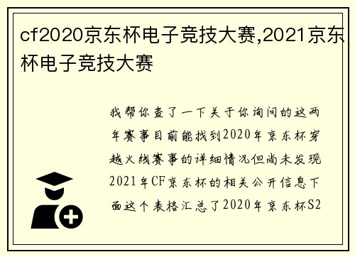 cf2020京东杯电子竞技大赛,2021京东杯电子竞技大赛